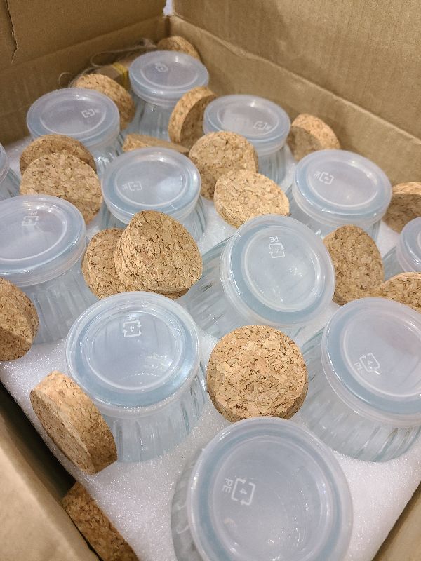 Photo 1 of 4oz Glass Jars with PE Lids and Cork Lids, 24 Pack Mini Pudding Jars Yogurt Jars Containers for Spice, Jam, honey, Mousse, Wedding, Shower Favors, DIY and Art