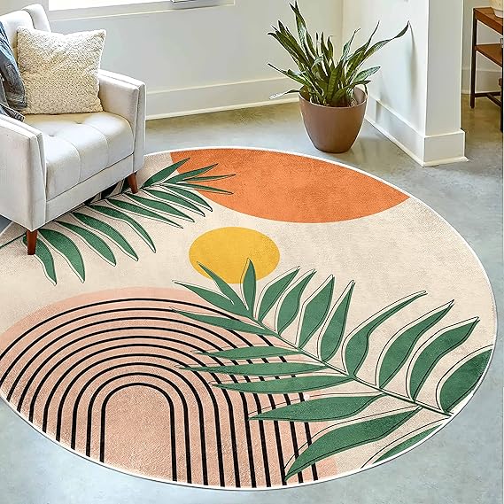 Photo 1 of 4 Ft Round Area Rug Soft Chic Bohemian Aesthetics Rugs, Machine Washable Non-Slip Indoor Sofa Floor Area Mat Modern Carpet for Living Room Sofa Bedroom Nursery Decor Dining Room Entryway Foyer Rug
