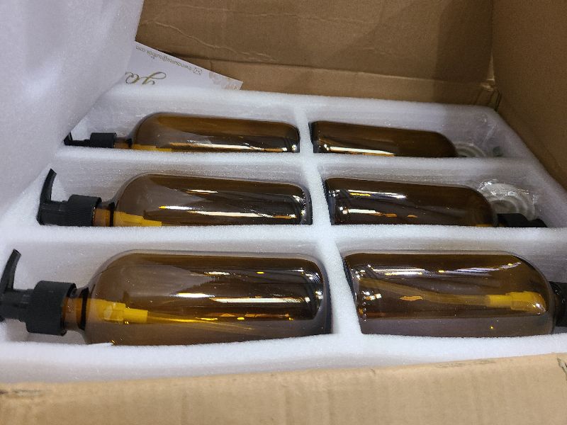 Photo 1 of 12 Pack Amber Glass Bottles 16oz with Pump Dispensers, Refillable Empty Pump Bottles for Bathroom, Kitchen, Shampoo, Soap, Lotion – Includes 2 Funnels & 12 Labels
