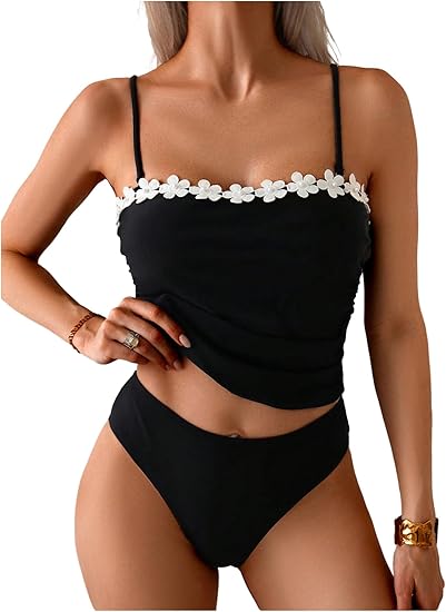 Photo 1 of **MSRP 28.99**Women's 3D Floral Ruched Tankini Swimsuit Two Piece Bathing Suit Black XL