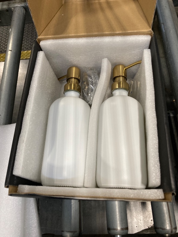 Photo 1 of ***without tray*** Luxury Glass Hand and Dish Soap Dispenser Set by Brighter Barns - Kitchen Soap Dispenser Set with Tray for Kitchen Sink - White and Gold Home Accessories & Decor for Restaurants, Airbnb, Gift (Gold)