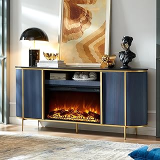 Photo 1 of *******SCUFFS AND SCRATCHES SOME SCREWS MISSING******OKD Luxury 70" Fluted Fireplace TV Stand, Modern Chic Entertainment Center for TVs Up to 80 inches, TV Console with Faux Marble Top, Curved Profile Design, Media Console for Living Room, Navy