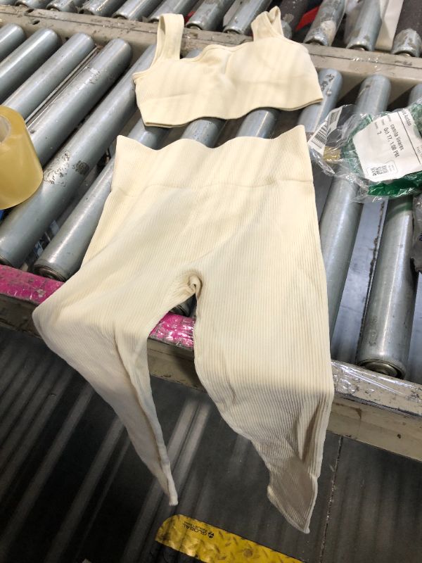 Photo 1 of *****ONLY A SET*****OIERD 4 Piece Workout Sets For Women Ribbed Leggings Clothes Yoga Sets Active Wear Cute Matching Work Out Sets Gym Pilates Outfits Beige White,S