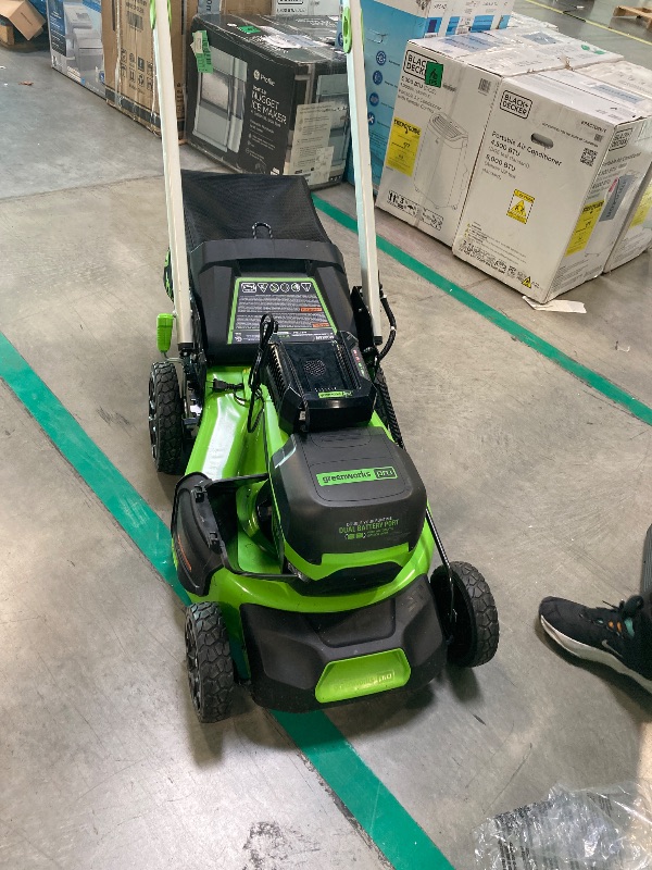 Photo 1 of **LAWN MOWER ONLY**
Greenworks 80V 21” Brushless (Push) Cordless Electric Lawn Mower + (500 CFM) Axial Leaf Blower (75+ Compatible Tools), (2) 2.0Ah Batteries and 30 Minute Rapid Charger