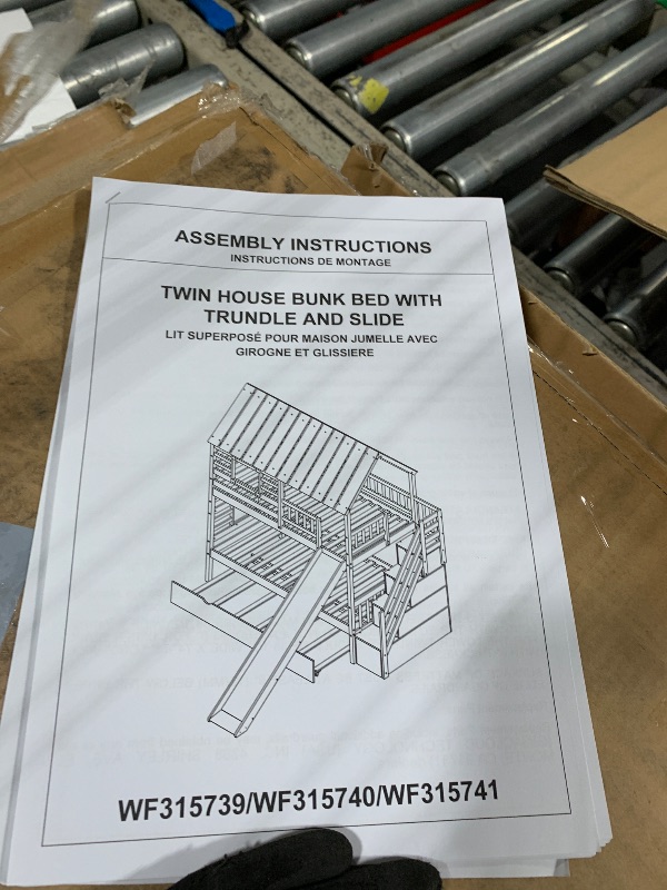 Photo 1 of ** 3 BOXES**
Merax Twin Over Twin House Bunk Bed, Wooden Bed Frame with Trundle and Slide, Storage Staircase, Roof and Window Design, White