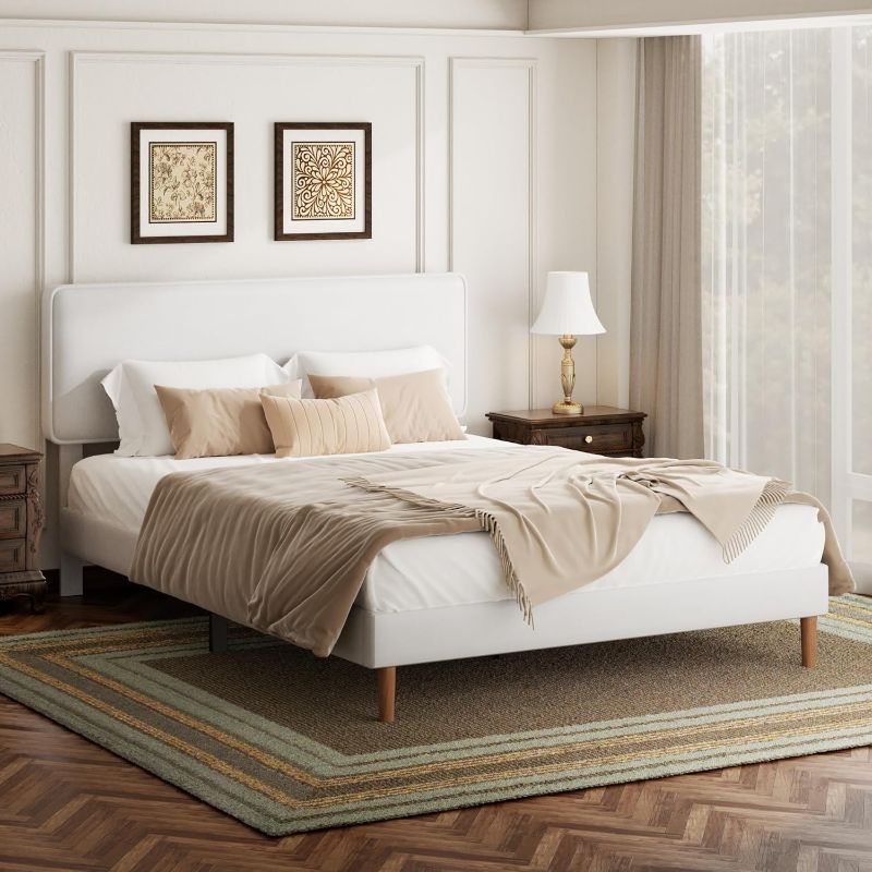 Photo 1 of ** loose hardware**
Queen Size Upholstered Platform Bed Frame, PU Leather Adjustable Headboard, No Box Spring Needed, Wood Slats Support, Easy Assembly, White