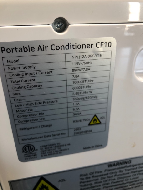 Photo 1 of ***************** turns on perfectly and cools quickly ***********  10500 BTU Portable Air Conditioners, 3-In-1 Portable AC Units for Rooms with Dehumidifier, Quiet Room Air Conditioner Cools Up to 450 Sq.Ft., Energy Efficient, Remote, 24Hrs Timer, Auto S