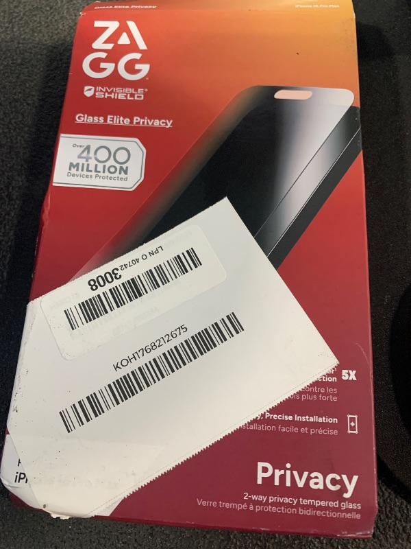 Photo 1 of ***screen missing***ZAGG Glass Elite Privacy Screen Protector for iPhone 16 Pro Max - 2-Way Privacy Filter, Ultra-Strong Tempered Glass, 5X Stronger, InvisibleShield, Smudge-Free, Easy Install, Recycled Content