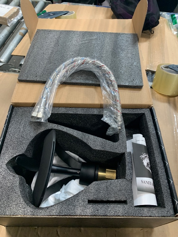 Photo 1 of **MISSING THE BLACK COVER FOR THE NECK OF THE FAUCET** Black Bathroom Vessel Faucet Round Waterfall Spout Single Handle One Hole Vanity Basin Sink Lavatory Brass Creative Hollowed Tall Body Design Farmhouse Deck Mount