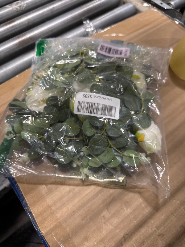 Photo 1 of **1pc only*** Der Rose 1Pcs Artificial Eucalyptus Flower Garland with Fake Rose Flower Vine Seeded Eucalyptus Leaves Greenery Garland for Wedding Table Runner Backdrop Party Centerpiece Decor (White-Total 6.5FT)