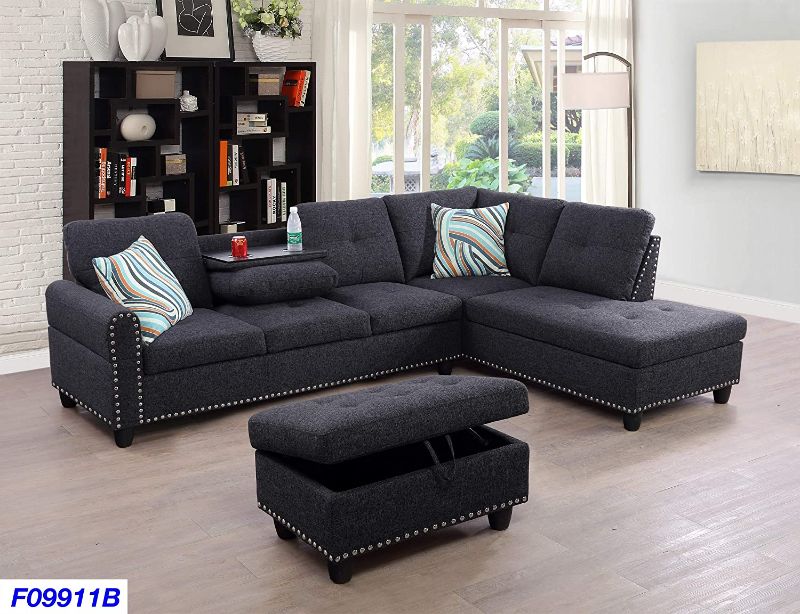 Photo 1 of Fine Funiture Sectional Couch Sofa Set with Ottoman Right Facing Build-in Coffee Table Dark Grey Line - 3 Piece