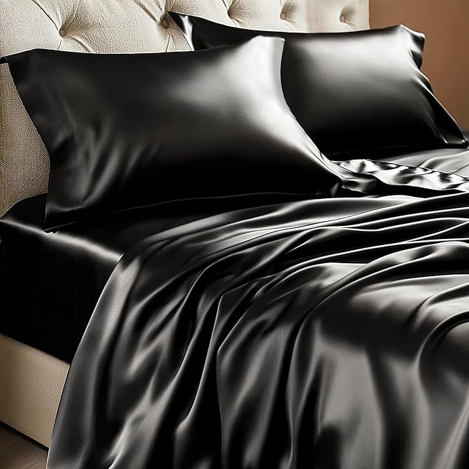 Photo 1 of **MSRP 18.99**BEDELITE Satin Sheets Queen Size Bed Set, Luxury Soft Black Silky Sheets for Hair and Skin, Similar to Silk Bed Sheets Set 4 Pieces with 1 Deep Pocket Fitted Sheet, 1 Flat Sheet, and 2 Pillowcases
