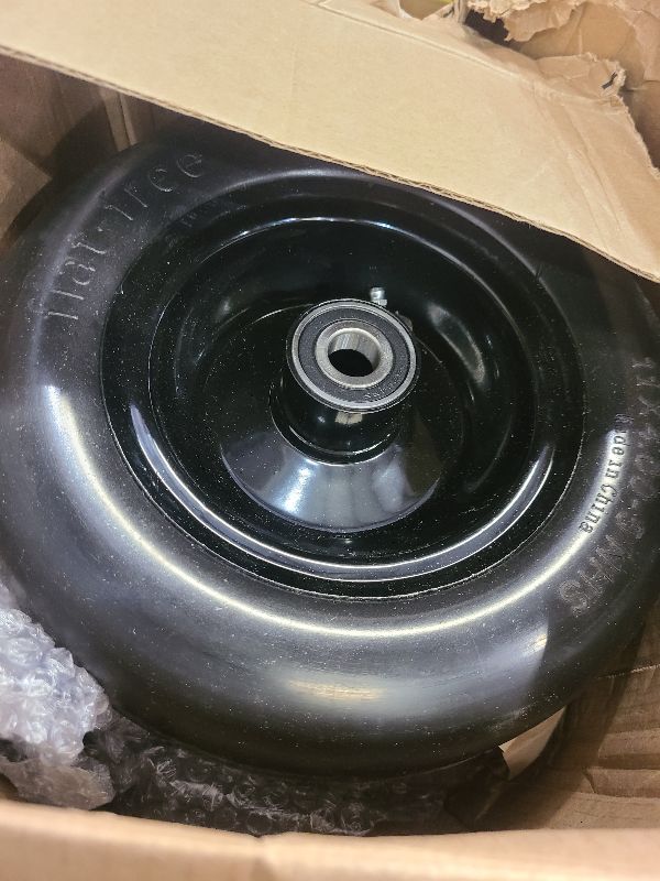 Photo 1 of 11x4.00-5” Flat Free Lawn Mower Tire and Wheel with Bearing Bore 3/4" or 5/8", 3.4"-4"-4.5"-5" Centered Hub, Smooth Tread Tire for Zero Turn Mowers, 2 Pack
