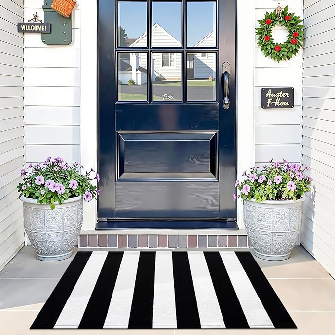 Photo 1 of  **MSRP 15.99** Black and White Striped Rug 23" x 34" – Washable Cotton Indoor Outdoor Doormat for Front Door, Entryway, Kitchen, Porch, Patio Decor