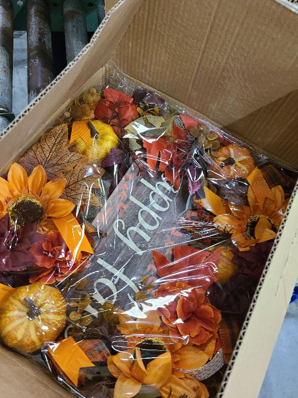 Photo 1 of 20 Inch Artificial Fall Wreaths for Home Front Door Rustic Autumn Wreath with Pumpkin, Sunflower, Mixed Leaves, Happy Fall Sign, Large Wreath for Halloween Thanksgiving Indoor Outdoor Decorations