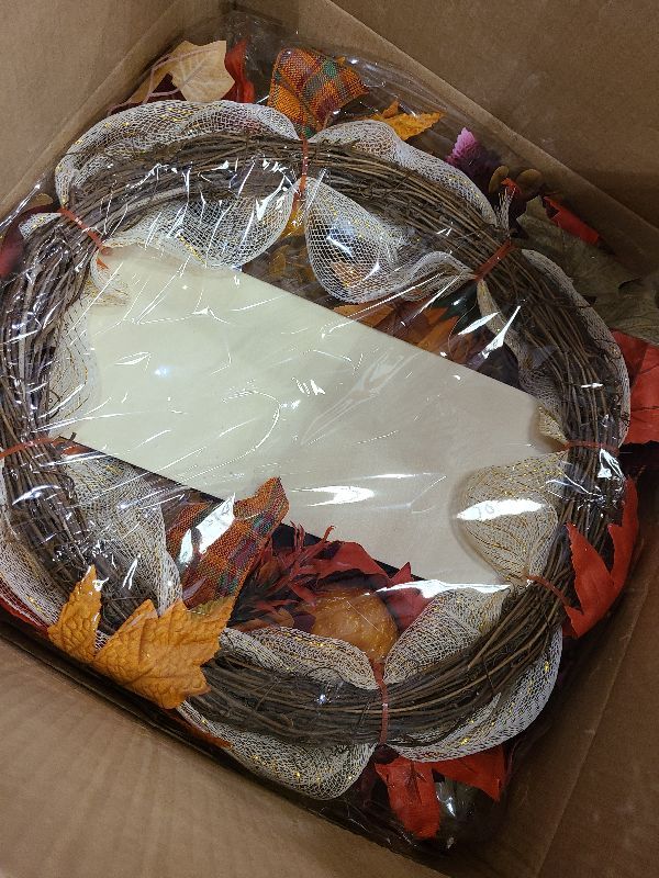 Photo 1 of 20 Inch Artificial Fall Wreaths for Home Front Door Rustic Autumn Wreath with Pumpkin, Sunflower, Mixed Leaves, Happy Fall Sign, Large Wreath for Halloween Thanksgiving Indoor Outdoor Decorations