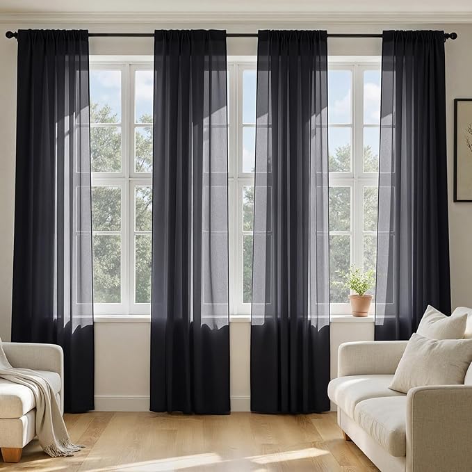 Photo 1 of **MSRP 25.49** Black Sheer Curtains 96 Inches Long, 4 Panels Set, Light Filtering Halloween Rod Pocket Voile Drapes for Living Room and Bedroom, Airy Soft Fabric Window Treatments, 42 x 96 Inches