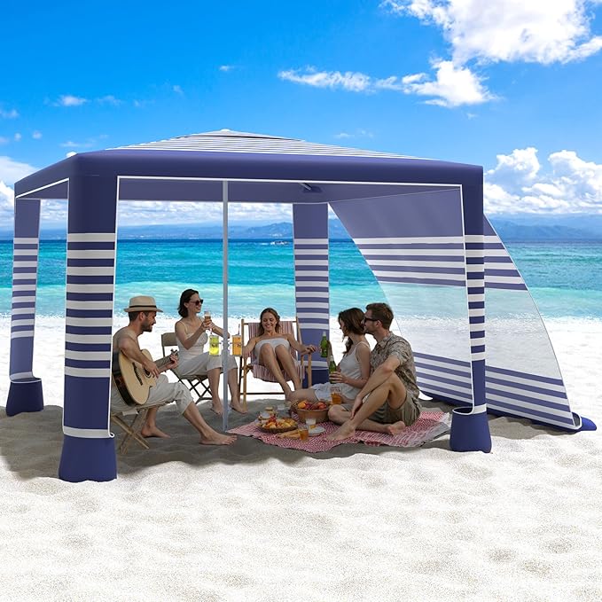 Photo 1 of **MSRP 139.68** MoKo Large Beach Cabana with Side Wall, UPF 50+ Protection Easy Setup Beach Tent, Sun Shelter, Adjustable Height Wind Resistant Cabana for Whole Family, Navy Stripes, 8'×8'