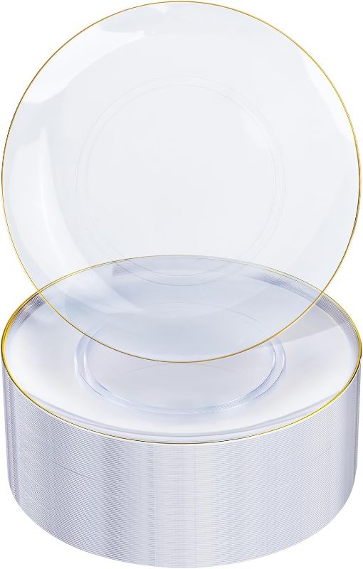 Photo 1 of **MSRP 44.99** Nervure 100 Pieces Clear and Gold Plastic Plates - 10.25inch Gold Dinner Plate - Heavyweight Clear Disposable Plates Ideal for Party & Wedding & Thanksgiving
