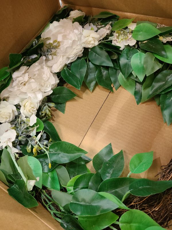 Photo 1 of 24 Inch Artificial Colorful Daisy Wreath Spring Front Door Wreath Blossom Foliage Wreath with Farmhouse Boxwood Leaves Grapevine Wreath for Festival Celebration Party Wall Window Home Décor