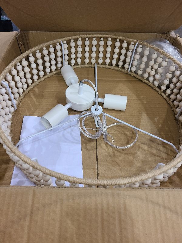 Photo 1 of 18" Boho Drum Chandelier,3 Lights Semi Flush Mount Ceiling Light Farmhouse Rattan Wood Beaded Hanging Pendant Lighting Fixture for Dining Room Living Room Kitchen Bedroom Entryway