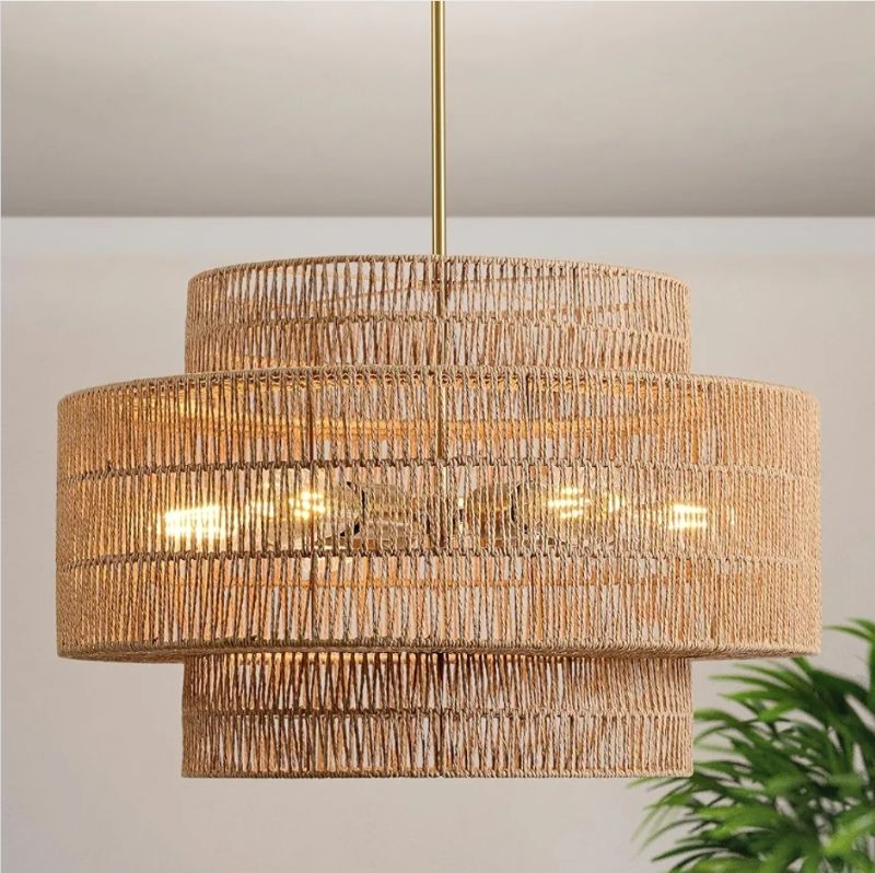 Photo 1 of 24” Boho Large Rattan Chandelier Light Fixture,6-Light Large Hand Woven Pendant Light Fixture Farmhouse Rustic Chandeliers for Kitchen Bedroom, Dining Room, Living Room, Hallway, Foyer