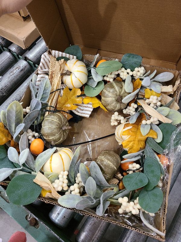 Photo 1 of 20'' Fall Wreath with Lights, Eucalyptus Pumpkins Autumn Wreaths for Front Door, Fall Decor, Porch Wall, Home Outdoor Holiday Decorations for Autumn (Wreath)