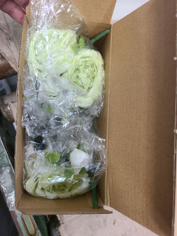 Photo 1 of 2 Bunches Green Peony Artificial Flowers for Decoration Faux Rose Fake Bouquet Silk Arrangements Table Centerpiece for Vase Cake Topper Bridal Baby Shower (2, Green White)