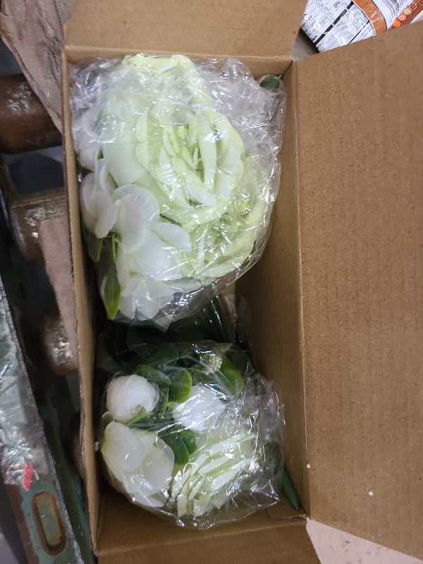 Photo 1 of 2 Bunches Green Peony Artificial Flowers for Decoration Faux Rose Fake Bouquet Silk Arrangements Table Centerpiece for Vase Cake Topper Bridal Baby Shower (2, Green White)