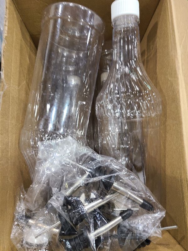 Photo 1 of 20 Pcs 32 oz Plastic Liquor Bottles Long Neck Bar Juice Pour Bottles with Liquor Pour Spout and Caps Snow Cone Syrup Bottles for Juice Alcohol