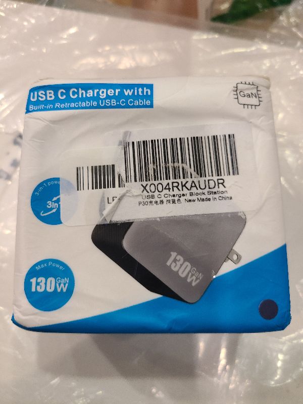 Photo 1 of 130W USB C Charger Block with Built-in Retractable Cable,Foldable Plug Wall Charger and 2 USB Ports,65W PD USB C GaN Fast Charging Station Traval Power Adapter for MacBook,iPad,iPhone 16,Galaxy-Navy