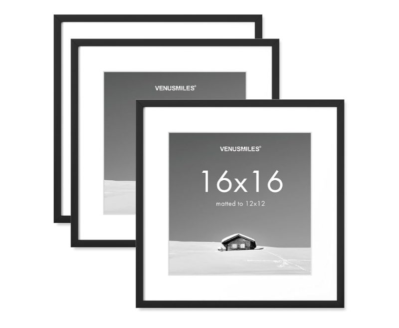 Photo 1 of 16x16 inch Picture Frame, 16x16 Photo Frames with 12x12 Removable Mat - High Definition Plexiglass - Vertical and Horizontal Display - Wall Hanging Frame - Black, 3 Pack