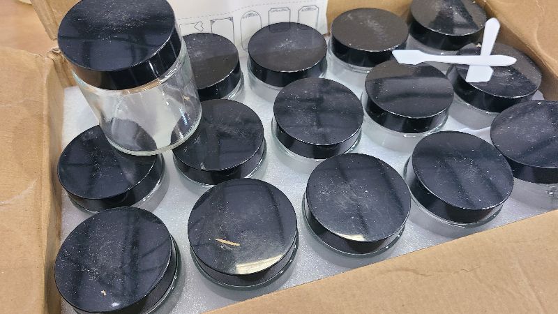 Photo 1 of 15 Pack 4 oz Clear Glass Jars with Lids, Round Empty Containers for Scrubs, Lotions, Cosmetic, Ointments and Butters, Travel Storage Jar with White Inner Liners £¬Black Lids, lables and Spatulas