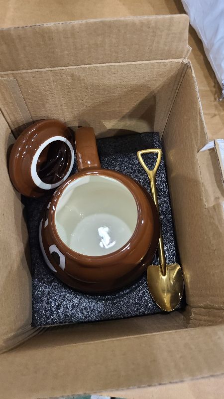 Photo 1 of 17oz Poop Ceramic Coffee Mugs with Golden Spoons, Brown Poop Shaped Ceramic Cup, Funny & Unique Gift Idea (Smile Cup)