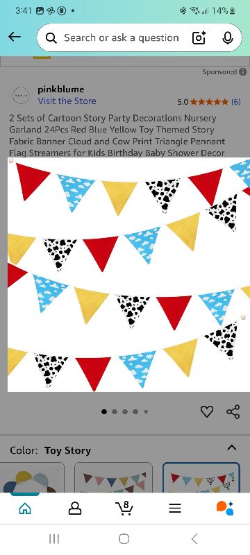 Photo 1 of 2 Sets of Cartoon Story Party Decorations Nursery Garland 24Pcs Red Blue Yellow Toy Themed Story Fabric Banner Cloud and Cow Print Triangle Pennant Flag Streamers for Kids Birthday Baby Shower Decor