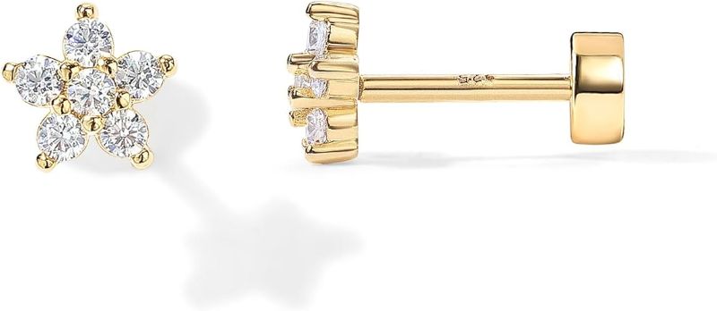 Photo 1 of **MSRP 12.95** PAVOI 14K Gold Plated Flat Back Earrings | Solid 925 Sterling Silver Posts | Helix Cartilage Earrings for Women | Cubic Zirconia Stud Earrings | Trending Fashion Jewelry Flower 
