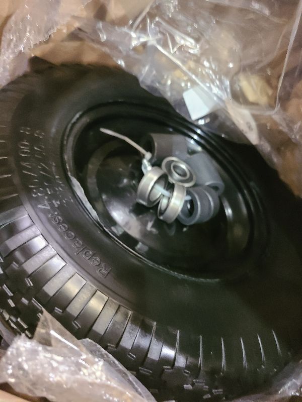 Photo 1 of (2-PACK) 4.80/4.00-8" Flat Free Tire and Wheel - Universal Fit 14.5" Solid Wheelbarrow Tires with 3" Hub and 5/8" Bearings – Extra Adapter kit includes 3/4" Ball Bearings, 1" and 1/2" Nylon Spacers