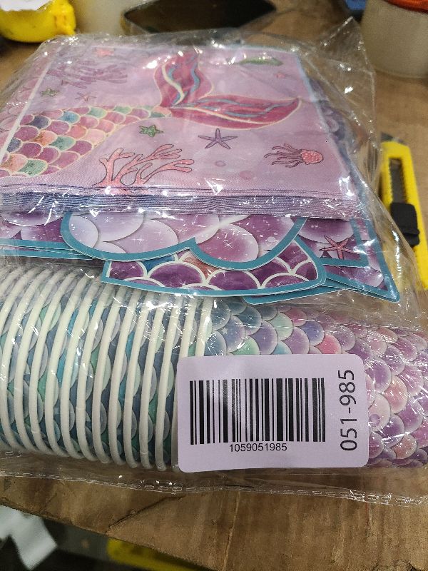 Photo 1 of 122Pcs Mermaid Birthday Party Decorations Set Mermaid Party Supplies Includes Plates, Napkin, Fork, Cup, Tablecloth, Banner for Baby Shower Ocean Birthday Party Decorations, Serves 24