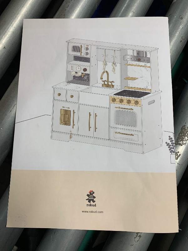 Photo 1 of ******************FOR PARTS ONLY, Missing most of the accessories; wooden planks missing*****************
ROBUD Wooden Play Kitchen Set for Kids, Pretend Toy Kitchen 