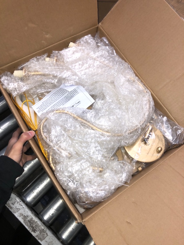 Photo 1 of (MISSING A GLOBE) MPDITO Modern Glass Golden Chandelier Light Fixture Vintage 6-Lights Chandeliers with Milk Frosted Glass Mid Centry Modern Gold Chandelier for Dining Room, Kitchen Island, Living Room, G9