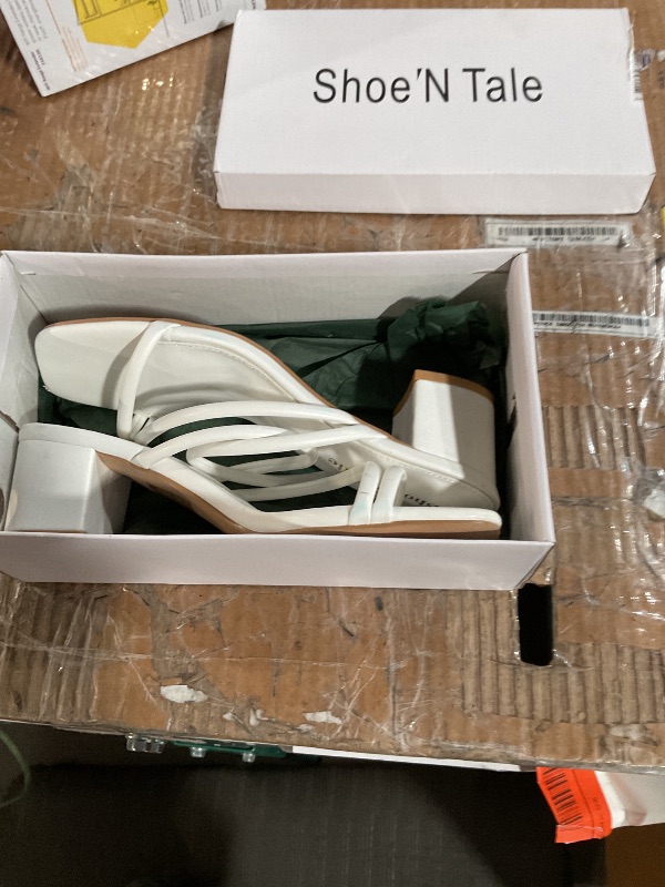 Photo 1 of ***(HEAVILY USED/ MINOR DAMAGE)***Shoe'N Tale Strappy Heels For Women Low Chunky Block Heel Heeled Sandals Square Open Toe Slip On Slides Mules(7.5,White)