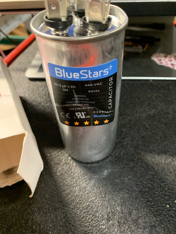 Photo 1 of ***(MINOR DAMAGE/ SEE NOTES)***[UL Certified] BlueStars 35+3 MFD 35/3 uf 370 or 440 VAC Dual Run Round Capacitor CBB65 - Fit for Condenser Straight Cool Heat Pump Air Conditioner AC Motor - Replaces USA2226BA 97F9472 C3353R