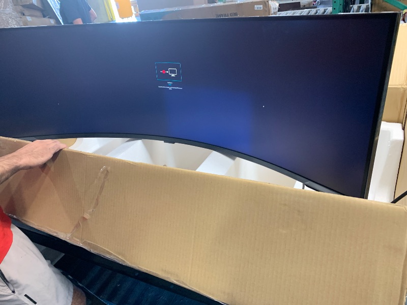 Photo 1 of **2 PARTS ON SCREEN ARE DISCOLORED, TURNS ON** Samsung 57" Odyssey Neo G9 (G95NC) Series Dual 4K UHD 1000R Curved Gaming Monitor, 240Hz, 1ms with DisplayPort 2.1, Quantum Mini-LED, DisplayHDR 1000, AMD FreeSync Premium Pro, LS57CG952NNXZA