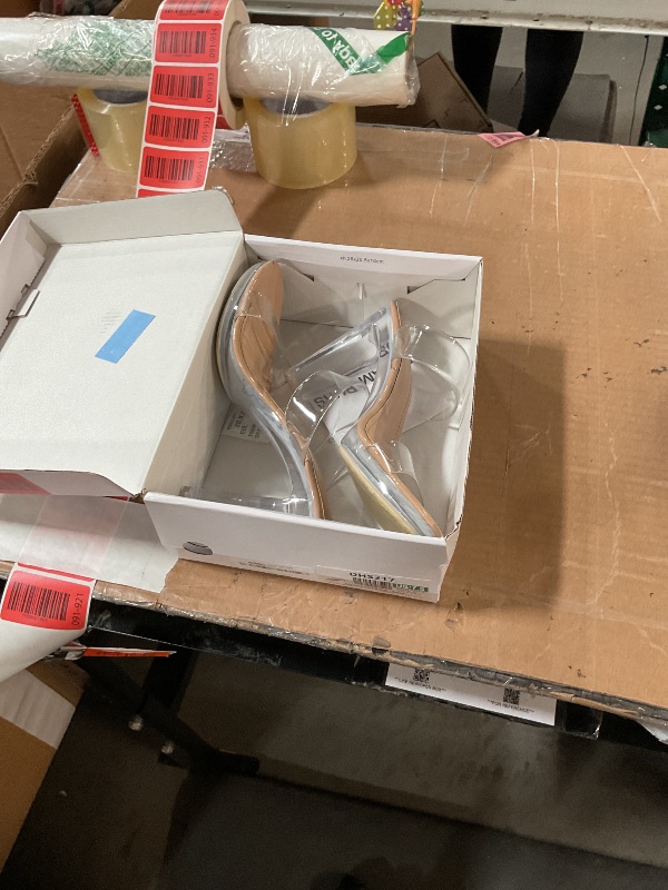 Photo 1 of ***(HEAVILY USED/ MINOR DAMAGE)***DREAM PAIRS Women's Clear Two Strap Open Toe High Block Chunky Slip on Dress Heel Sandals,Size 7.5,Nude/Clear-Tpu,DHS217