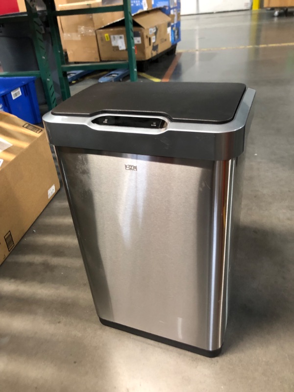 Photo 1 of ***Motion sensing opener not working************
EKO Mirage-T 50 Liter / 13.2 Gallon Touchless Rectangular Motion Sensor Trash Can, Brushed Stainless Steel Finish