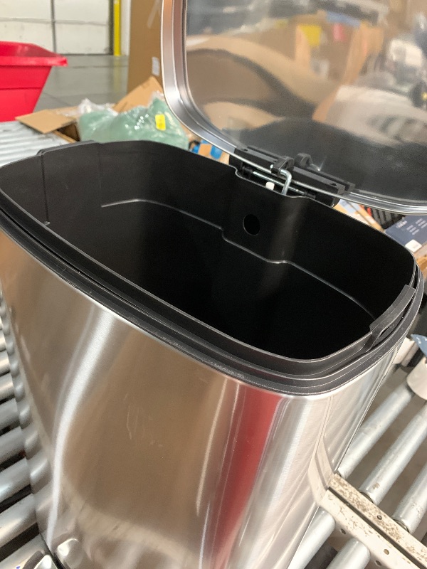 Photo 1 of (see images for damage) Amazon Basics Smudge Resistant Rectangular Trash Can With Soft-Close Foot Pedal, Brushed Stainless Steel