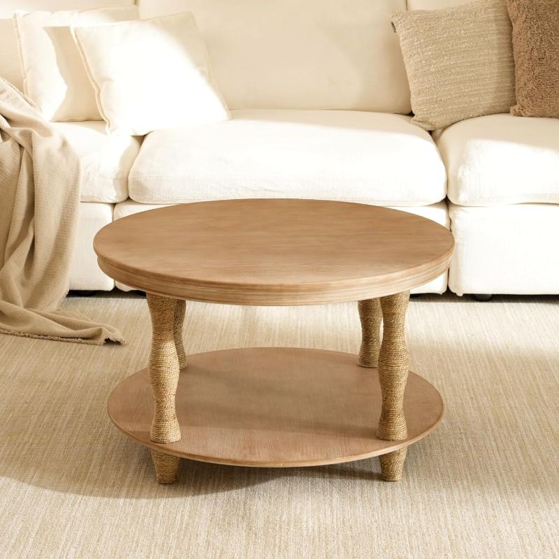 Photo 1 of *PHOTO FOE REFERENCE**Round Coffee Table,2-Tier Coffee Table Storage,Rope-Wrapped Wood Legs,Rustic Farmhouse Accent Table for Living Room,Natural Wood Finish,Honey Brown,31.9"x15"