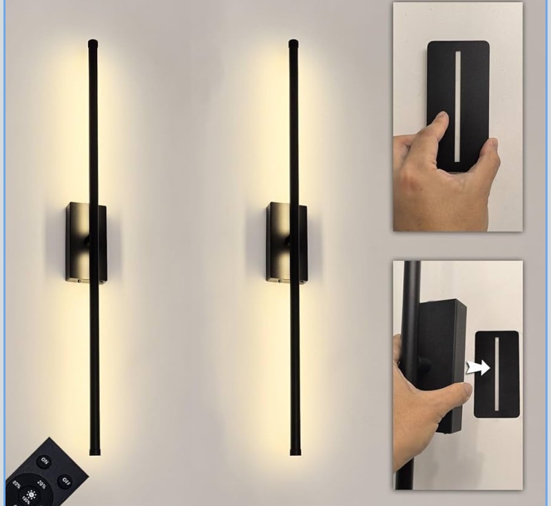 Photo 1 of Battery Operated Wall Sconce with Remote Control, Magnetic Black Rechargeable Wall Sconces Set of Two, Led Dimmable Wireless Wall Light for Living Room, Bedroom, Hallway,28 Inch (2 Pack)