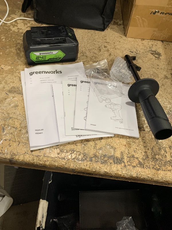 Photo 1 of (unfunctional for parts) Greenworks 24V Cordless Brushless 800in-Ibs Drill & 2650 in-ibs Impact Driver Combo Kit with 4.0Ah Battery and Charger