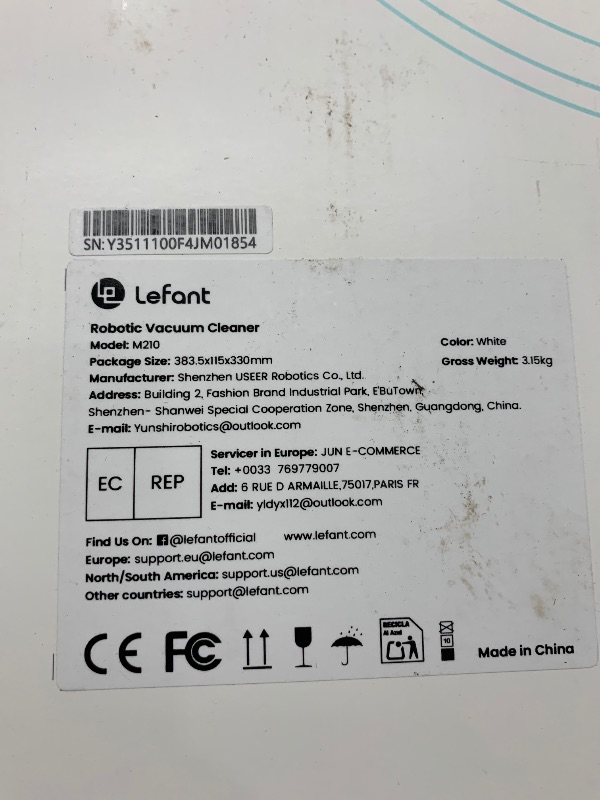 Photo 1 of **FOR PARTS ONLY/NON-FUNCTIONAL** Lefant Robot Vacuum Cleaner, Strong Suction, 120 Mins Runtime, Slim, Low Noise, Automatic Self-Charging, Wi-Fi/App/Alexa Control, Ideal for Pet Hair Hard Floor and Daily Cleaning, M210